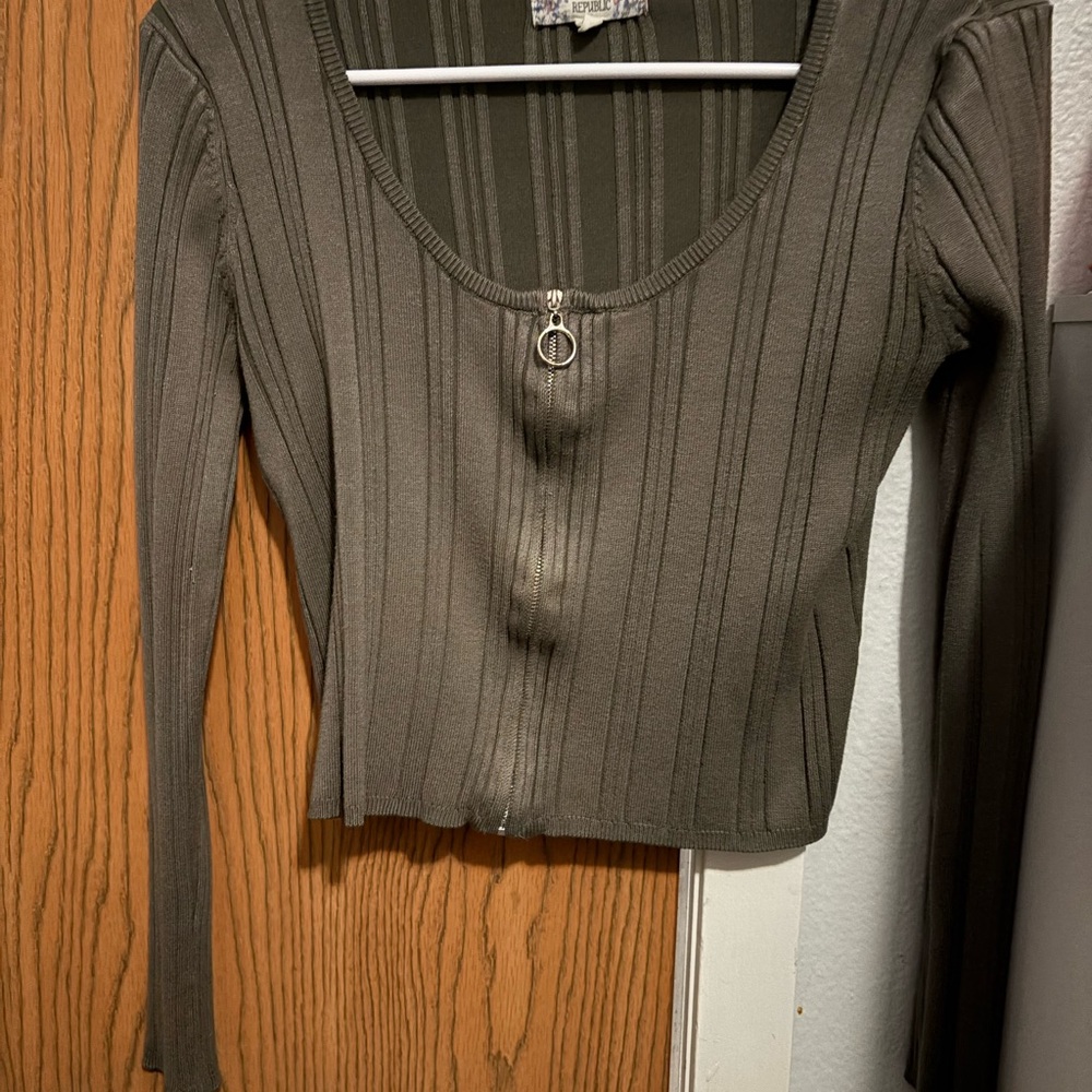 Pink Republic Dark Olive Ribbed Long Sleeve Top